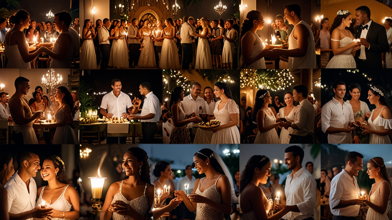 A collage of Brazilian romantic traditions: couples at church, exchanging gifts, dining with traditional dishes, and dancing samba under lights.
