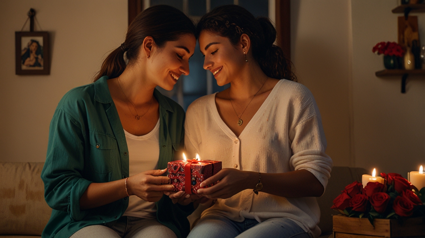 A couple exchanging thoughtful handmade gifts and personalized jewelry in a cozy Brazilian home decorated with candles and roses.