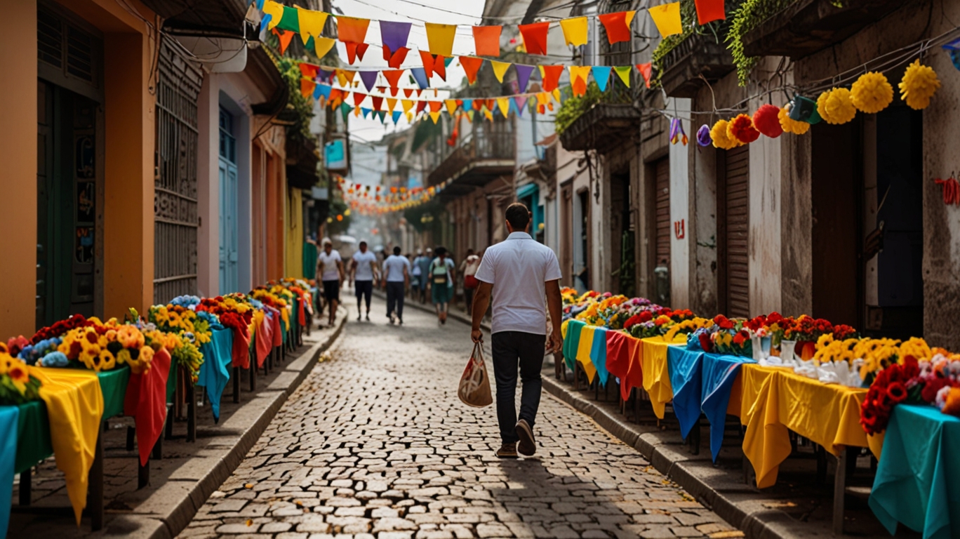 A festive Brazilian street with colorful decorations for Dia dos Namorados, featuring couples holding hands, vendors selling flowers, and banners celebrating love.