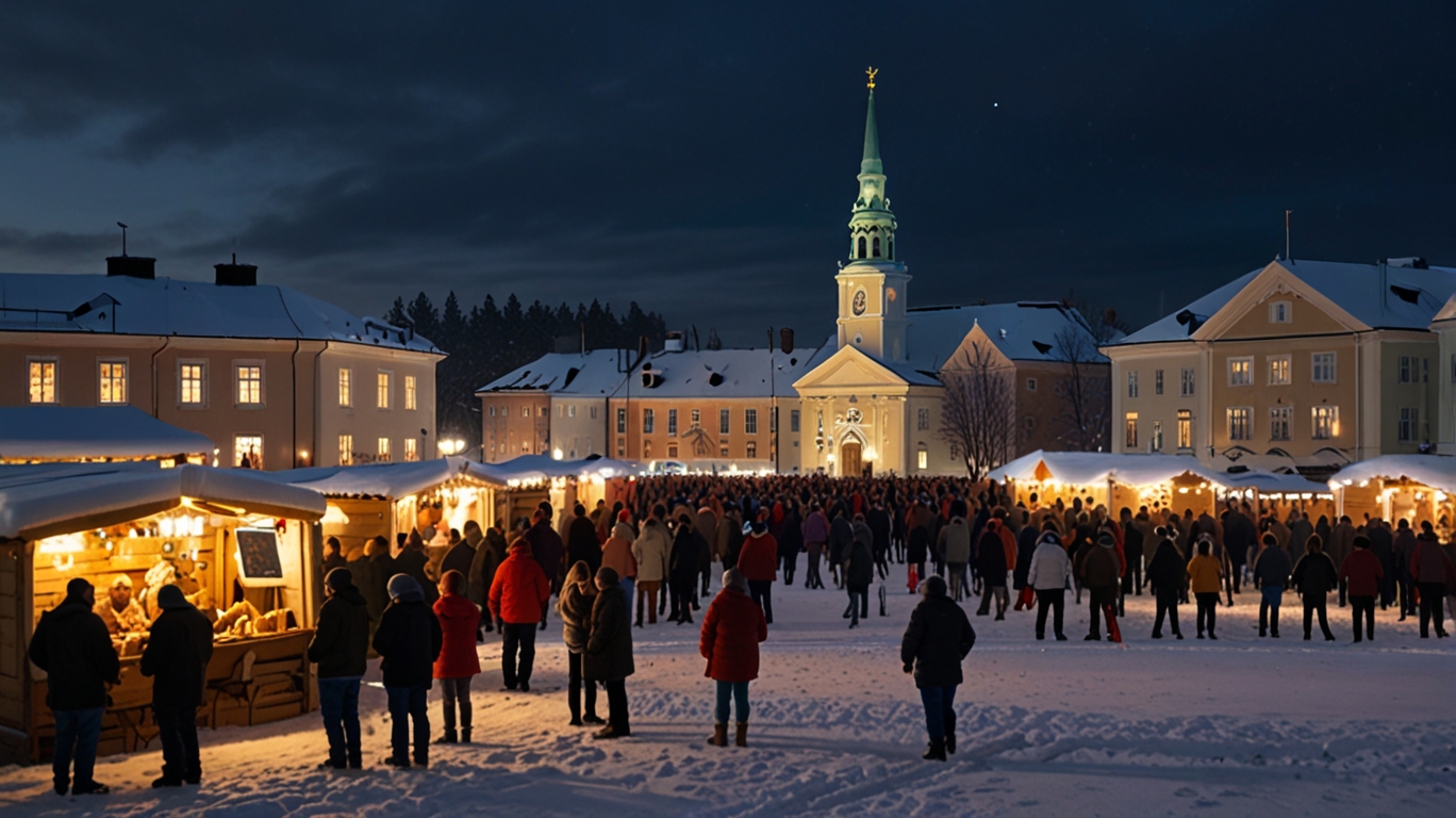 A large outdoor Finnish winter festival in February with families, couples, and groups of friends enjoying food, music, and games together, warmly dressed in a snowy town square.