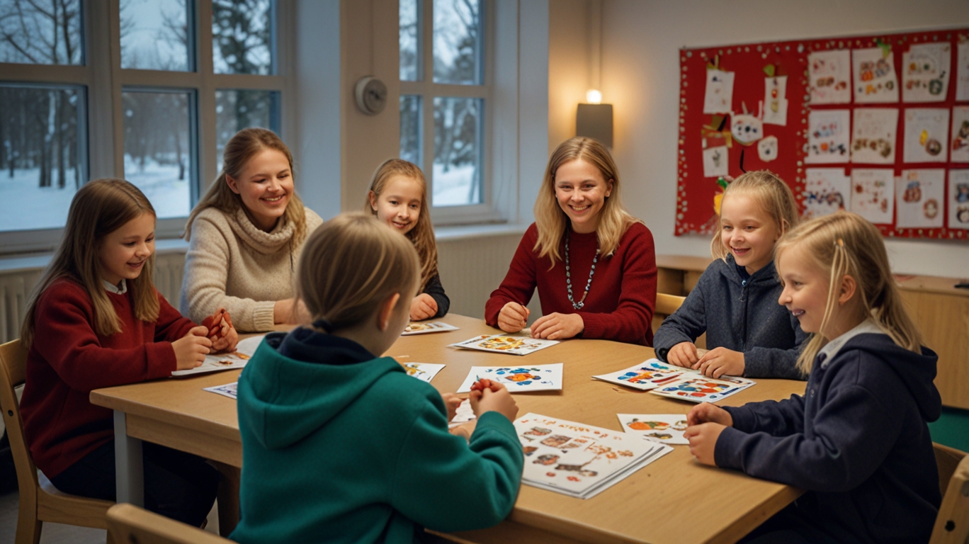 A lively Finnish school classroom where children are joyfully exchanging handmade Friend Day cards, with winter decorations, smiling faces, and teachers joining the fun.