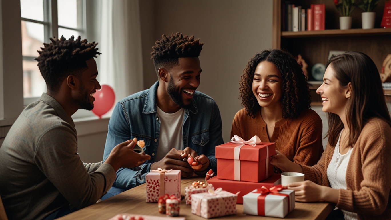 A modern diverse group of people celebrating together—couples exchanging gifts on Valentine’s Day, while friends and families share candy and kindness on Sweetest Day.
