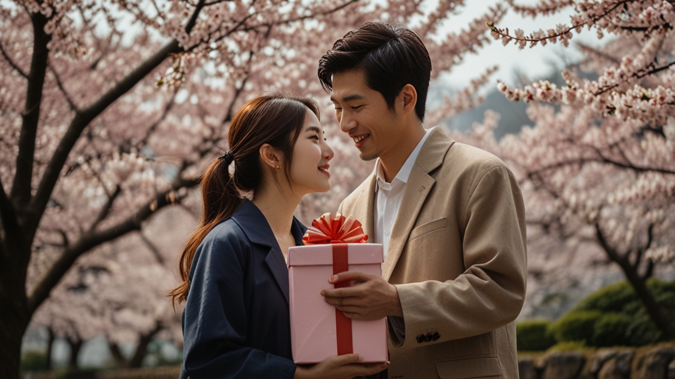 A romantic couple in Japan exchanging gifts under cherry blossom trees, symbolizing both Valentine’s Day and White Day traditions.