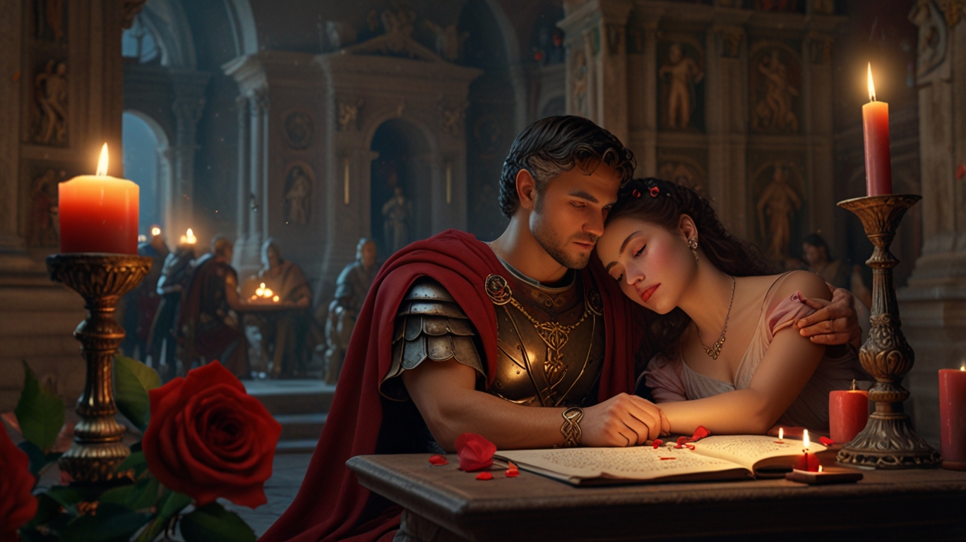 A romantic historical scene of Valentine’s Day origins, showing ancient Rome merging with medieval traditions, with scrolls, roses, and candles blending across eras.