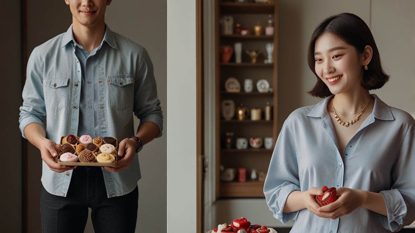 A side-by-side visual comparison: on the left, women giving chocolates on Valentine’s Day; on the right, men giving jewelry, cookies, and flowers on White Day.
