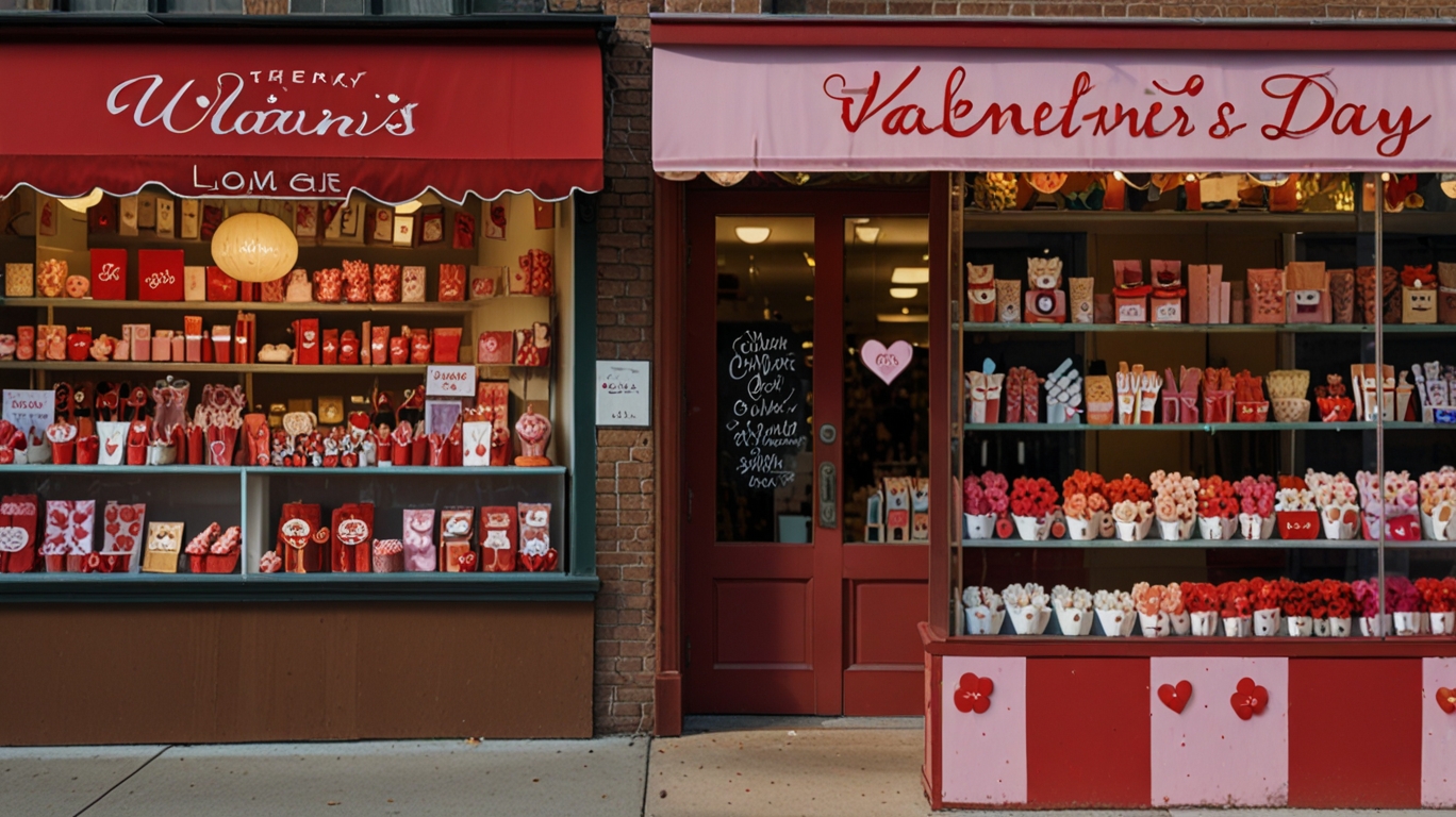 A side-by-side visual of commercialization—flower shops, jewelry stores, and advertisements for Valentine’s Day versus a smaller, modest candy shop promoting Sweetest Day.