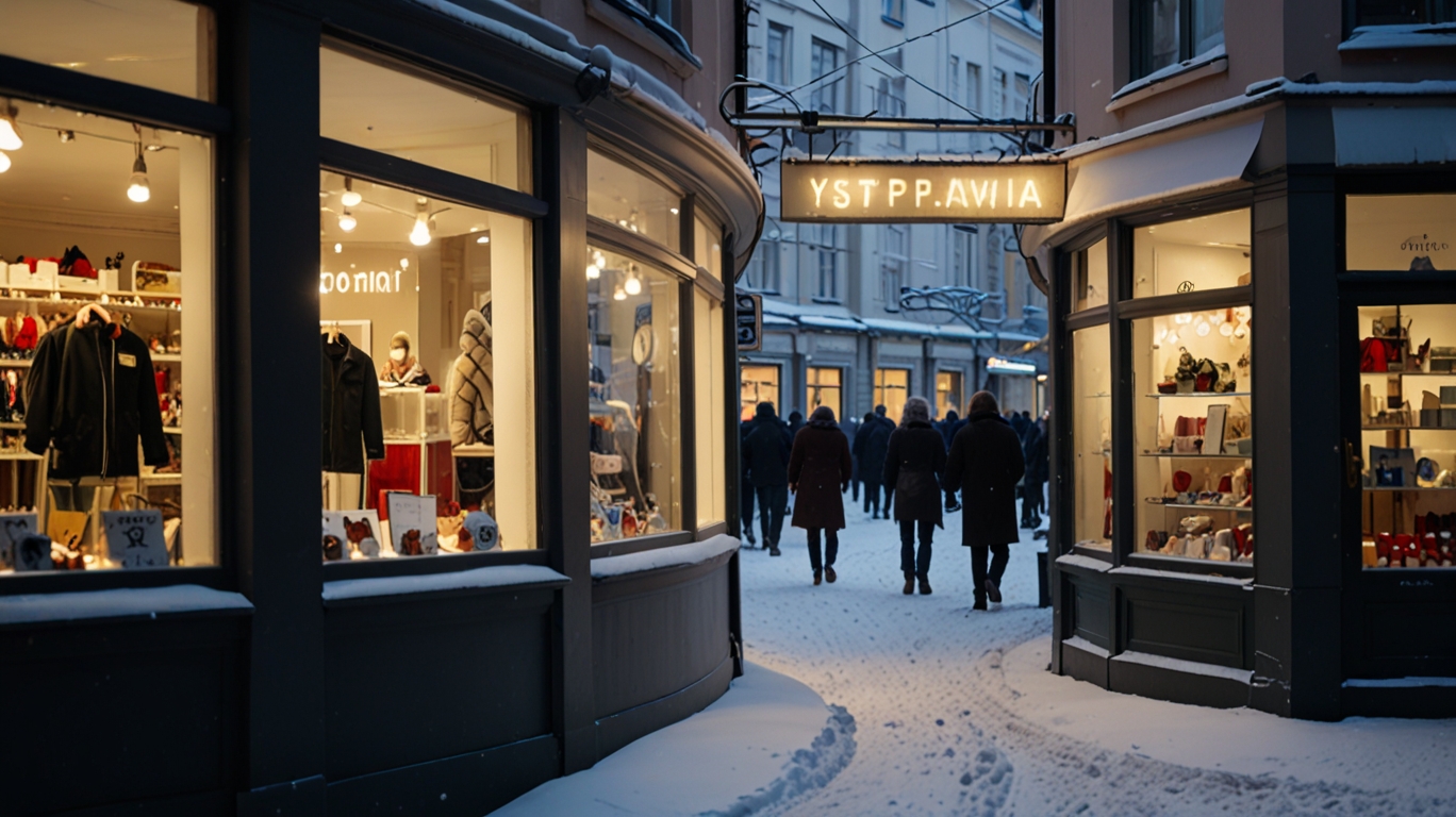 A snowy Helsinki street in February, shop windows decorated with “Ystävänpäivä” signs, friends greeting each other warmly, exchanging small gifts while bundled in winter coats.