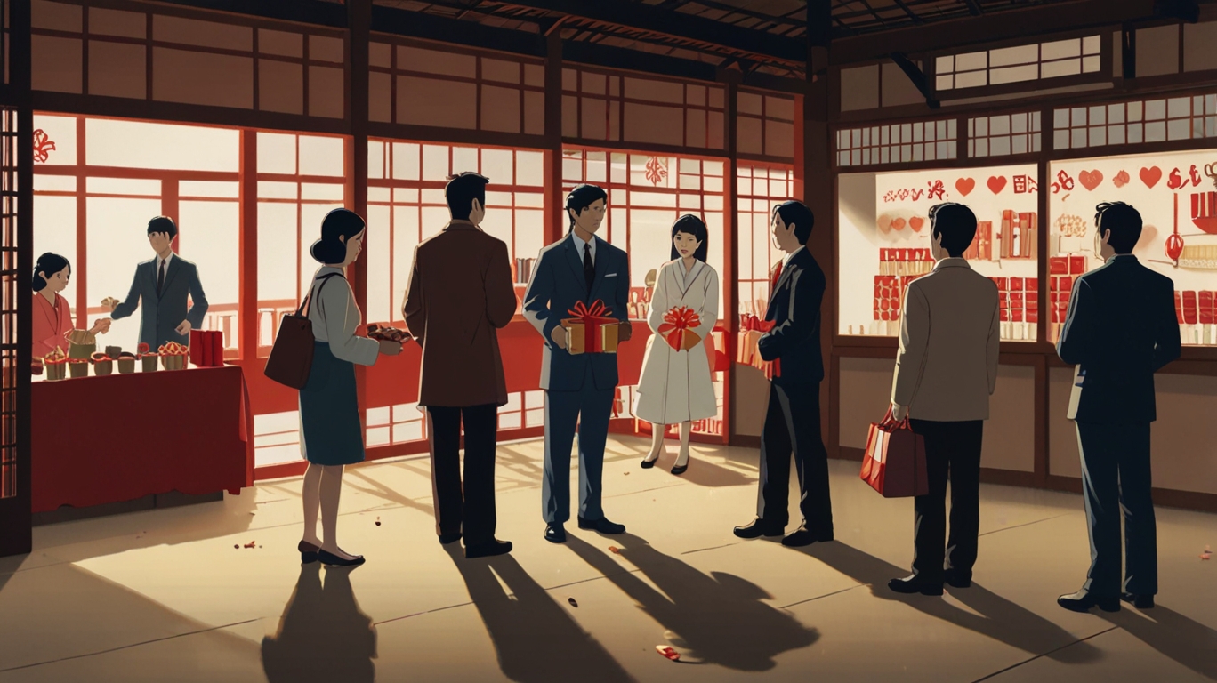 A split-scene illustration showing Japanese Valentine’s Day on one side (women giving chocolates to men) and White Day on the other side (men returning gifts like white chocolate or jewelry).