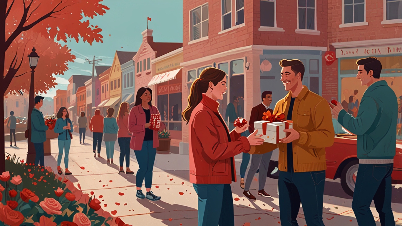 A split-screen illustration comparing Valentine’s Day (romantic couple exchanging roses and gifts) with Sweetest Day (friends, family, and community giving candy and sharing small gifts).