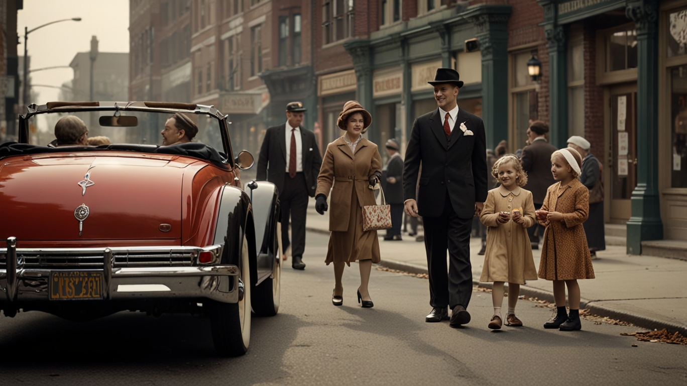 A vintage-inspired scene of 1920s Cleveland, with people handing out candy and small gifts to children and elderly, emphasizing kindness and community spirit.