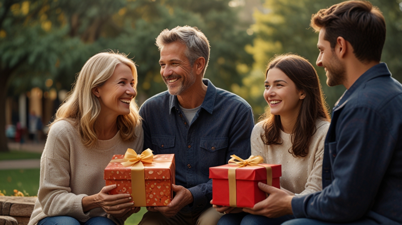 A warm, uplifting scene showing people of different ages and backgrounds sharing love—romantic couples, families, and friends exchanging thoughtful gifts in a joyful setting.