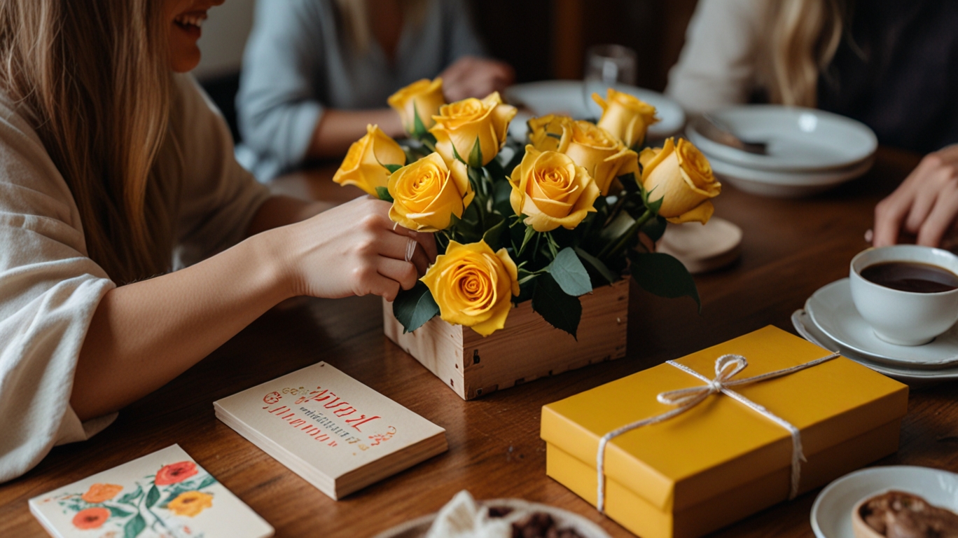 A wooden Finnish dining table filled with handmade gifts, colorful friendship cards, yellow roses, and chocolate boxes, with friends gathered around smiling warmly